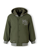 Boys baseball jacket in khaki with detachable hood, ribbed cuffs, and embroidered detail.
