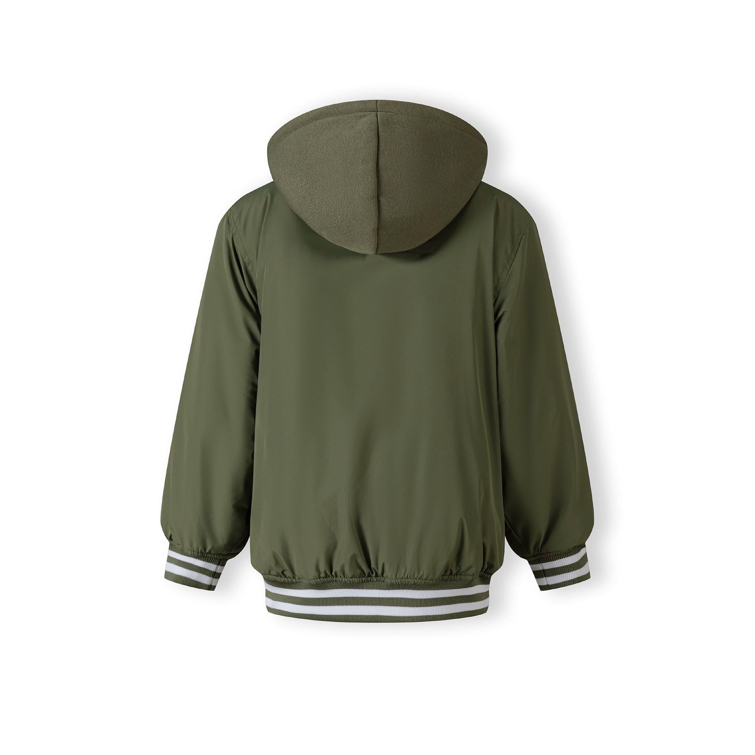 Khaki baseball jacket without hood laid flat, displaying classic varsity styling with ribbed collar, contrast striped details and side pockets