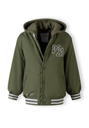 Boys baseball jacket in khaki with detachable hood, ribbed cuffs, and embroidered detail.
