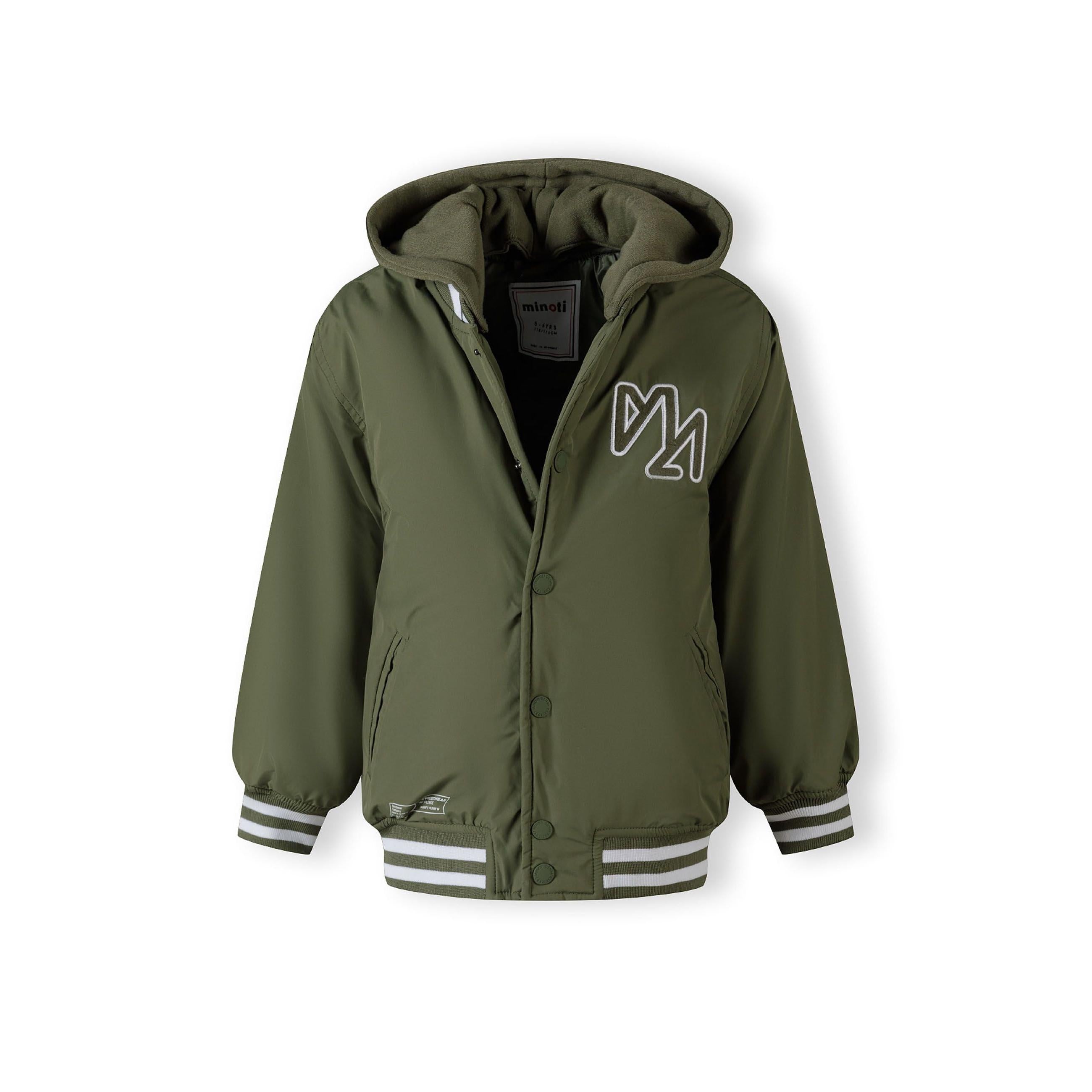 Khaki baseball jacket with detachable hood laid flat, showing button closure, contrast striped ribbing and embroidered logo on chest