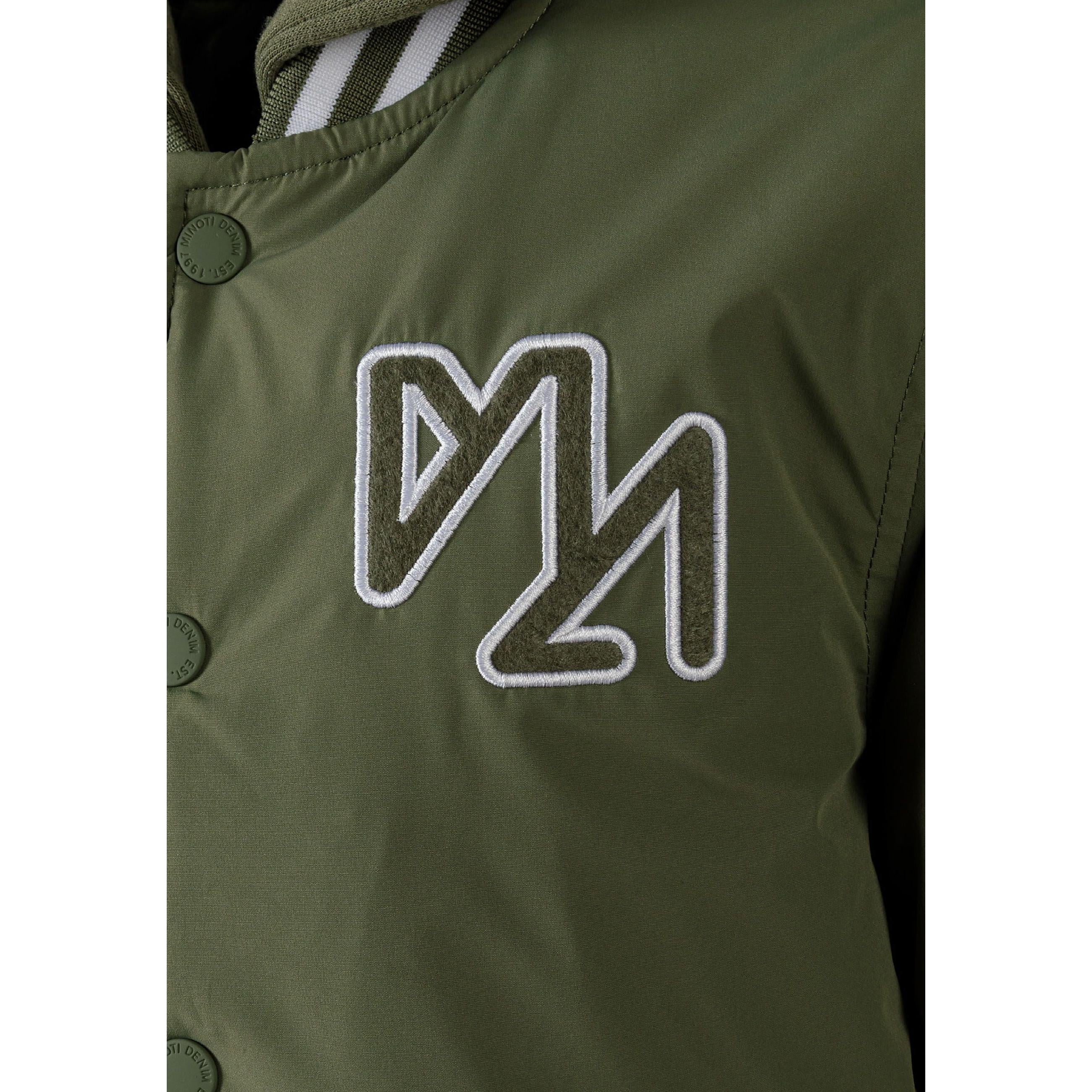 Khaki baseball jacket without hood laid flat, displaying classic varsity styling with ribbed collar, contrast striped details and side pockets