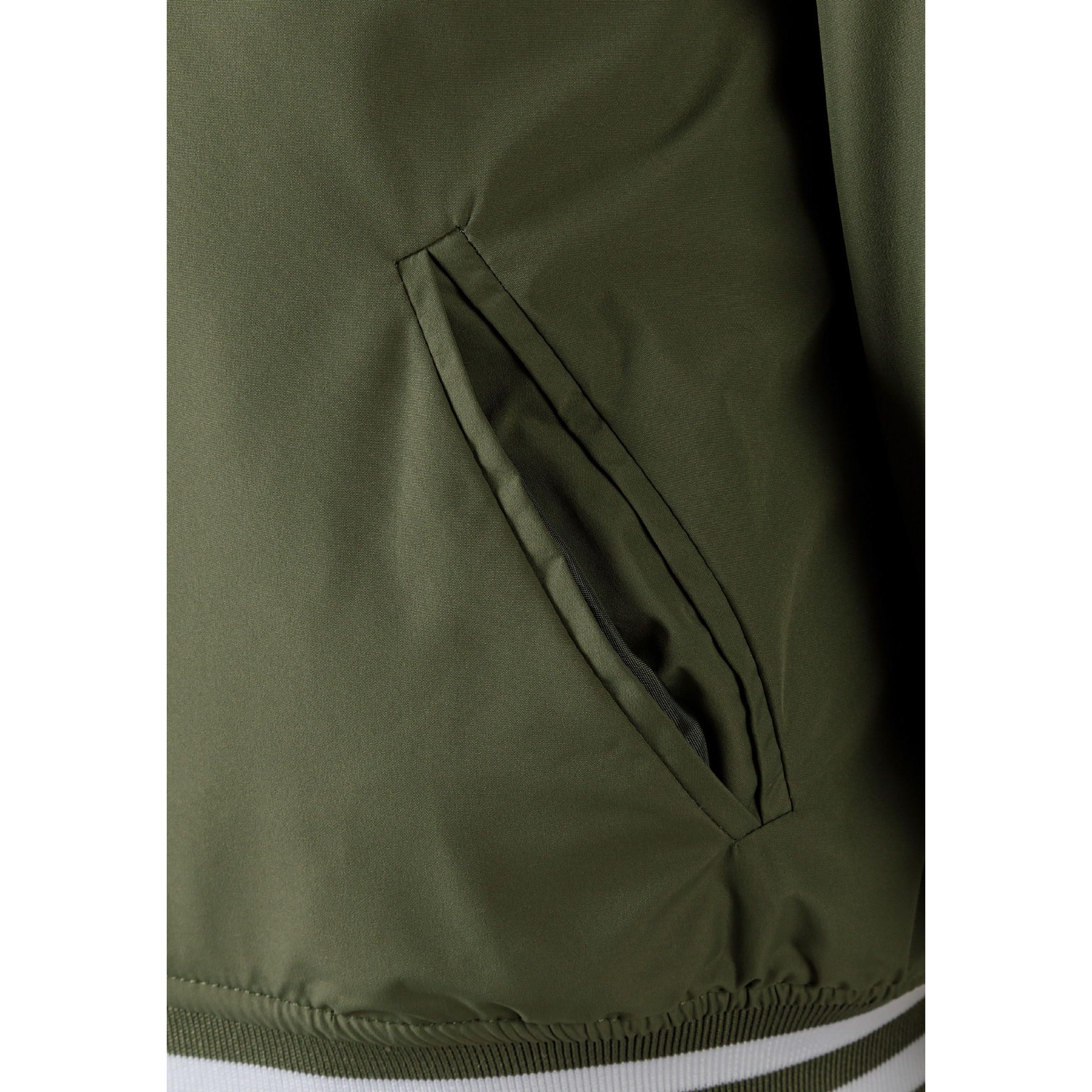 Khaki baseball jacket without hood laid flat, displaying classic varsity styling with ribbed collar, contrast striped details and side pockets