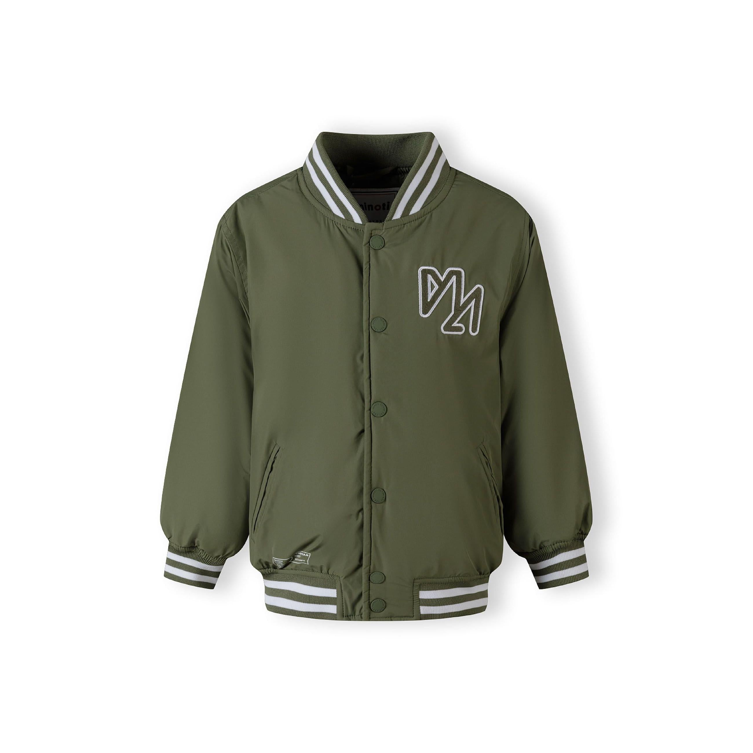 Khaki baseball jacket without hood laid flat, displaying classic varsity styling with ribbed collar, contrast striped details and side pockets