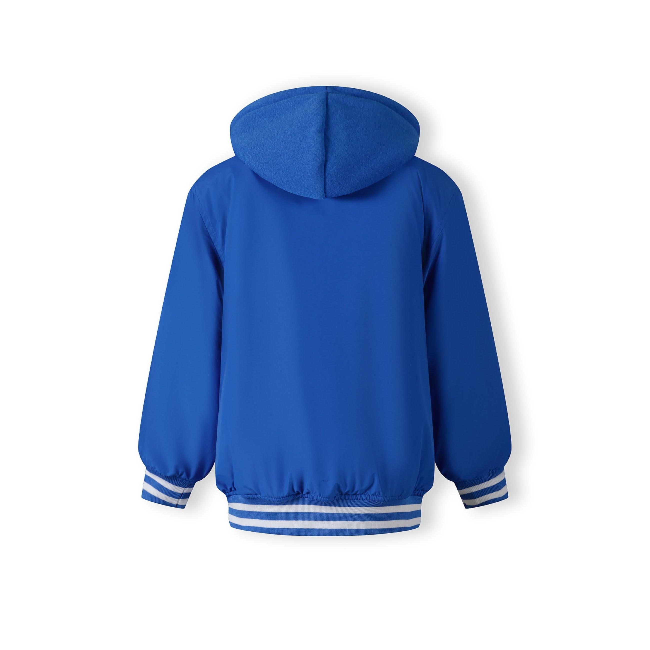 Cobalt blue baseball jacket laid flat showing full design with striped collar, cuffs, snap buttons and chest logo