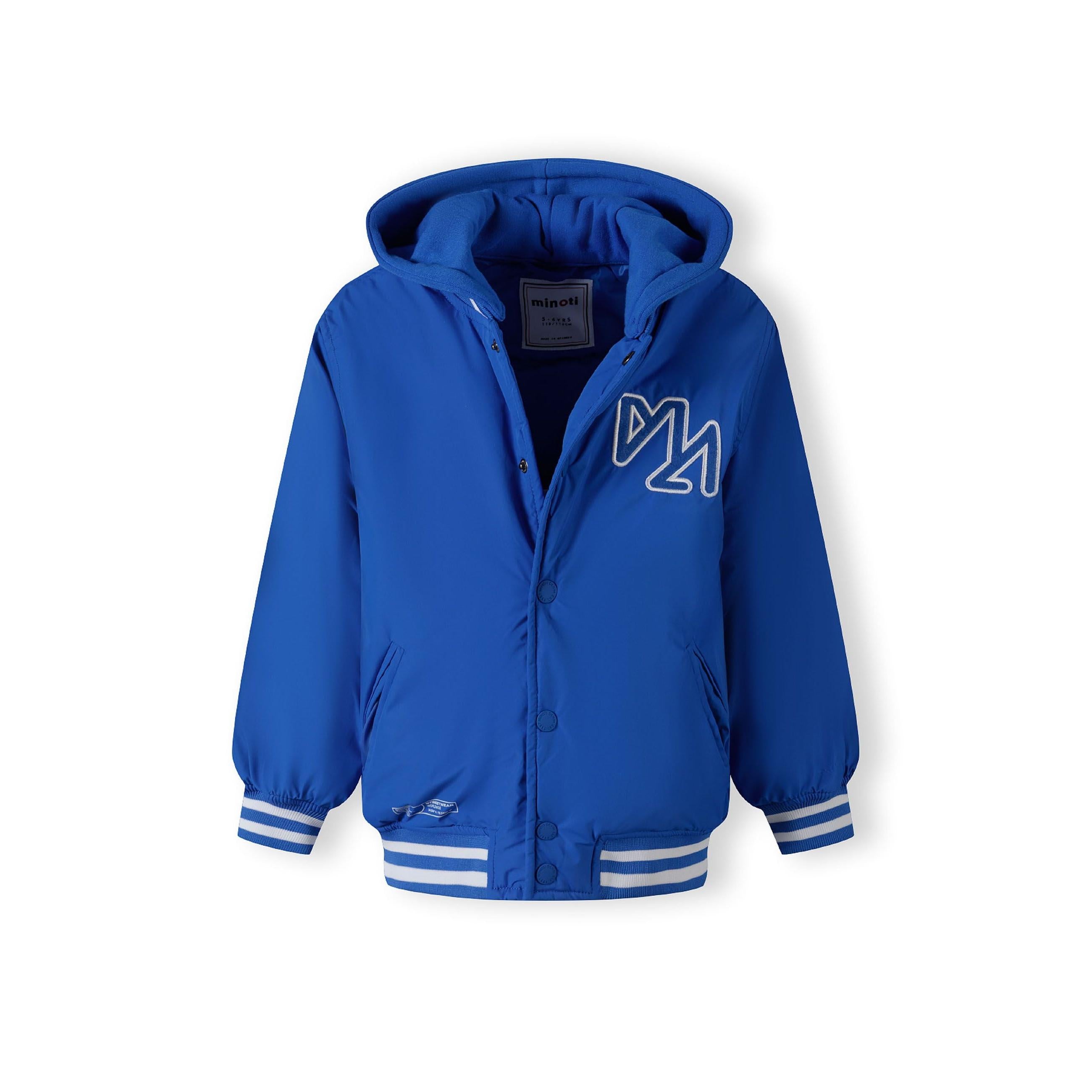Cobalt blue baseball jacket laid flat showing full design with striped collar, cuffs, snap buttons and chest logo
