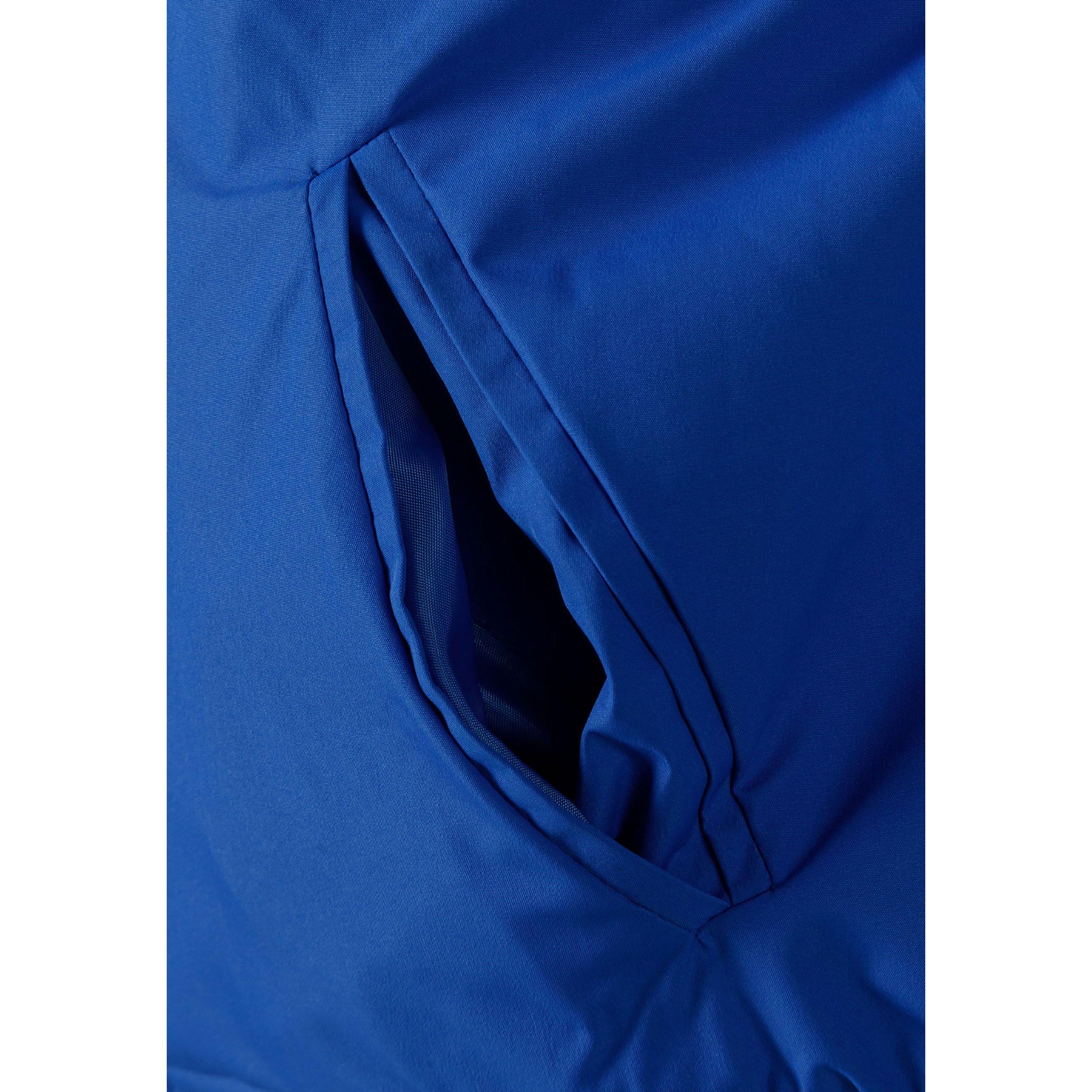 Cobalt blue baseball jacket laid flat showing full design with striped collar, cuffs, snap buttons and chest logo