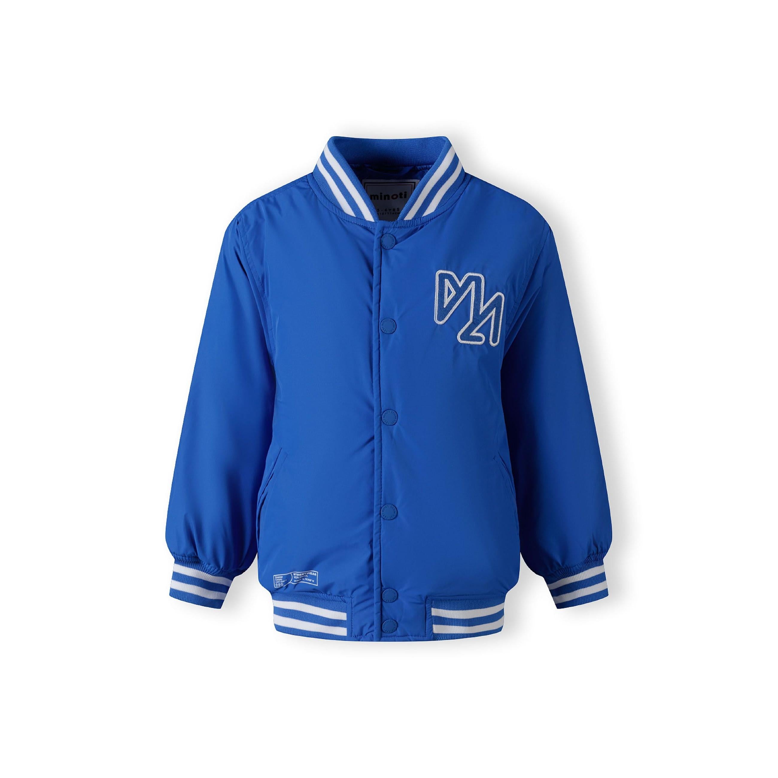 Cobalt blue baseball jacket laid flat showing full design with striped collar, cuffs, snap buttons and chest logo