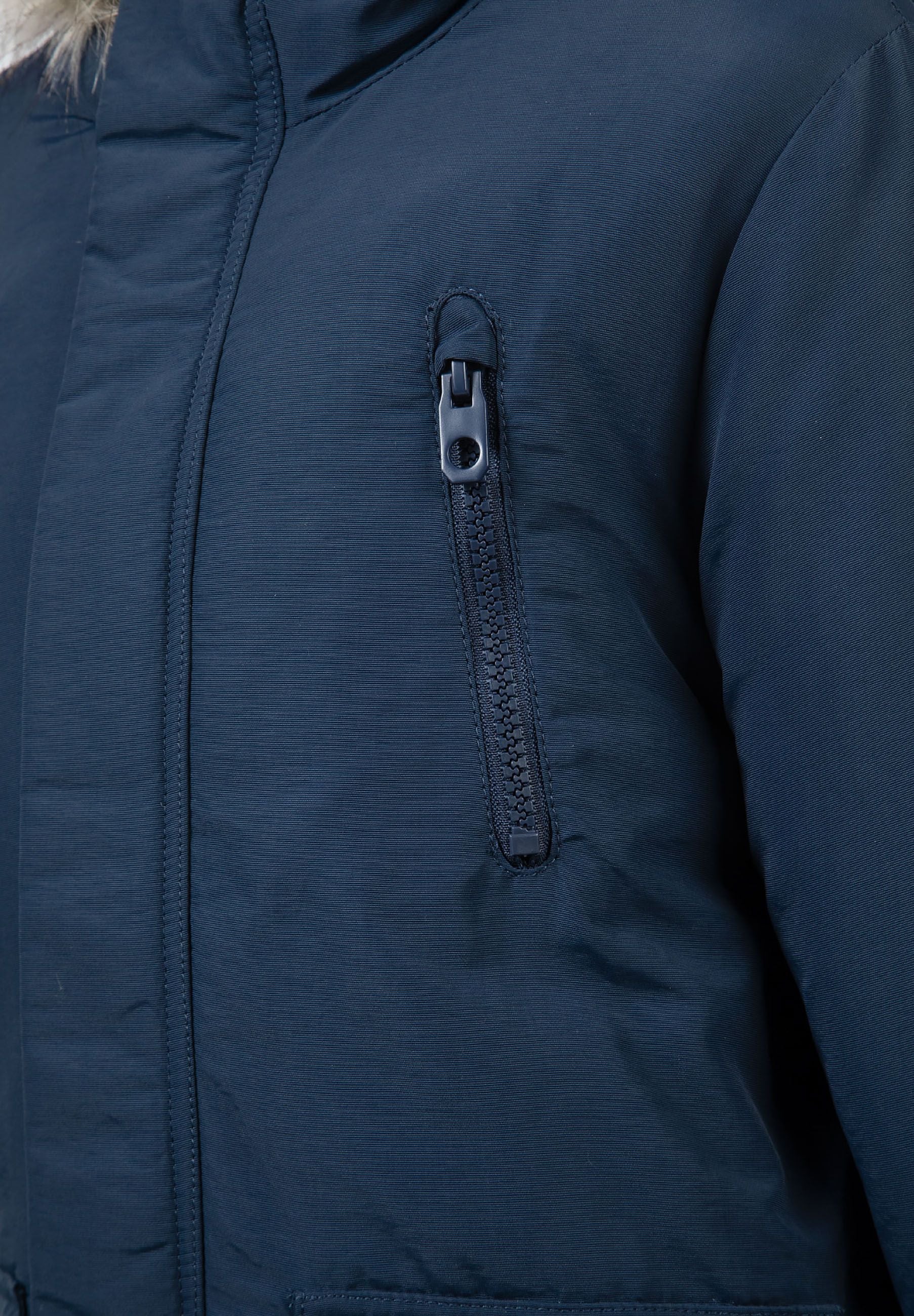 Detail of boys winter parka in navy with zippered chest pocket.