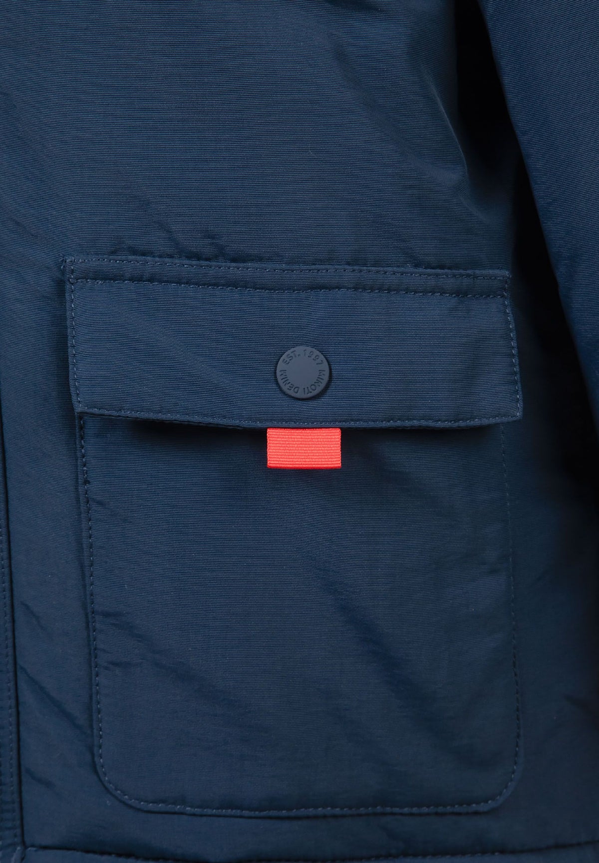 Close-up of the flap pocket on the navy parka.