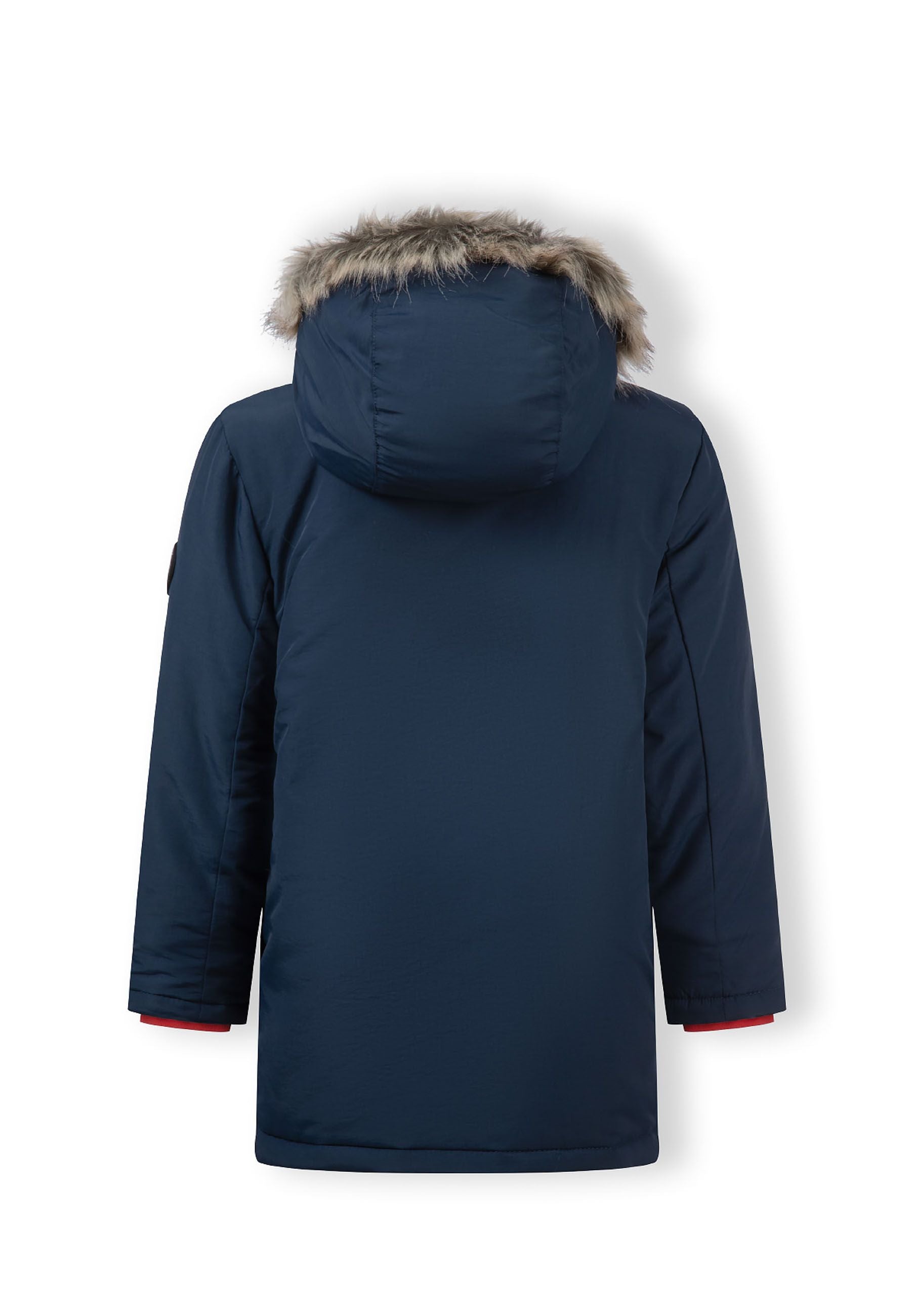 Boys winter parka in navy, back view with faux fur hood.