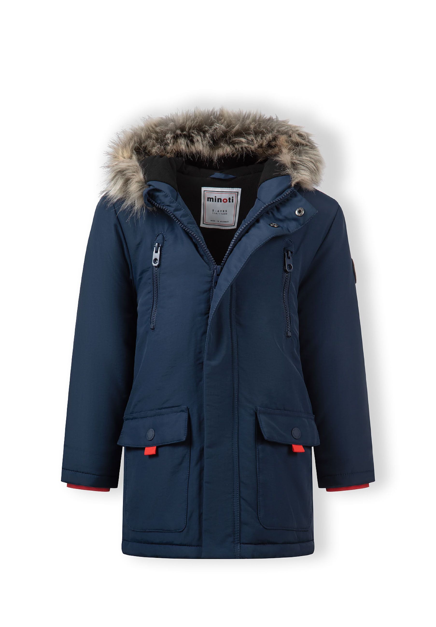 Boys winter parka in navy with faux fur hood, featuring zippered and flap pockets, front view.