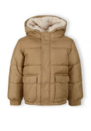 Boys beige jacket with hood, front view, featuring snap button pockets.