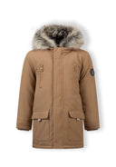 Boys hooded winter parka in beige with faux fur trim, front view featuring zippered and flap pockets.