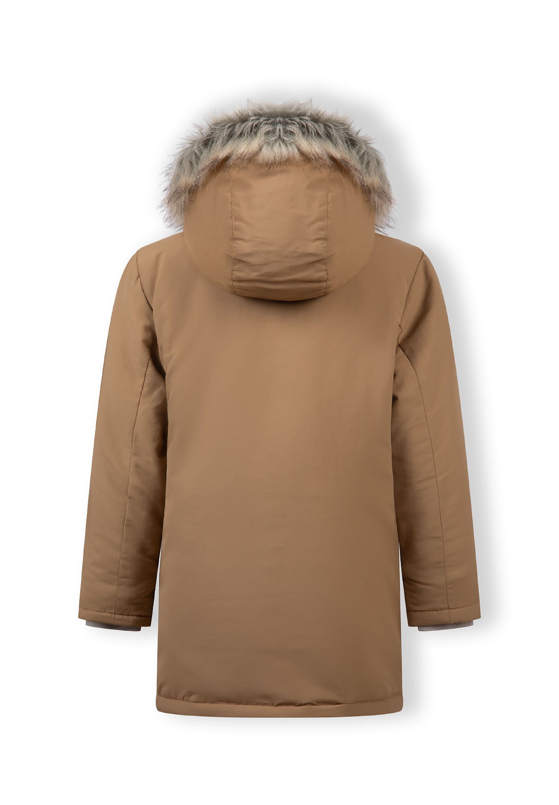 Back view of a beige boys hooded winter parka with faux fur trim.