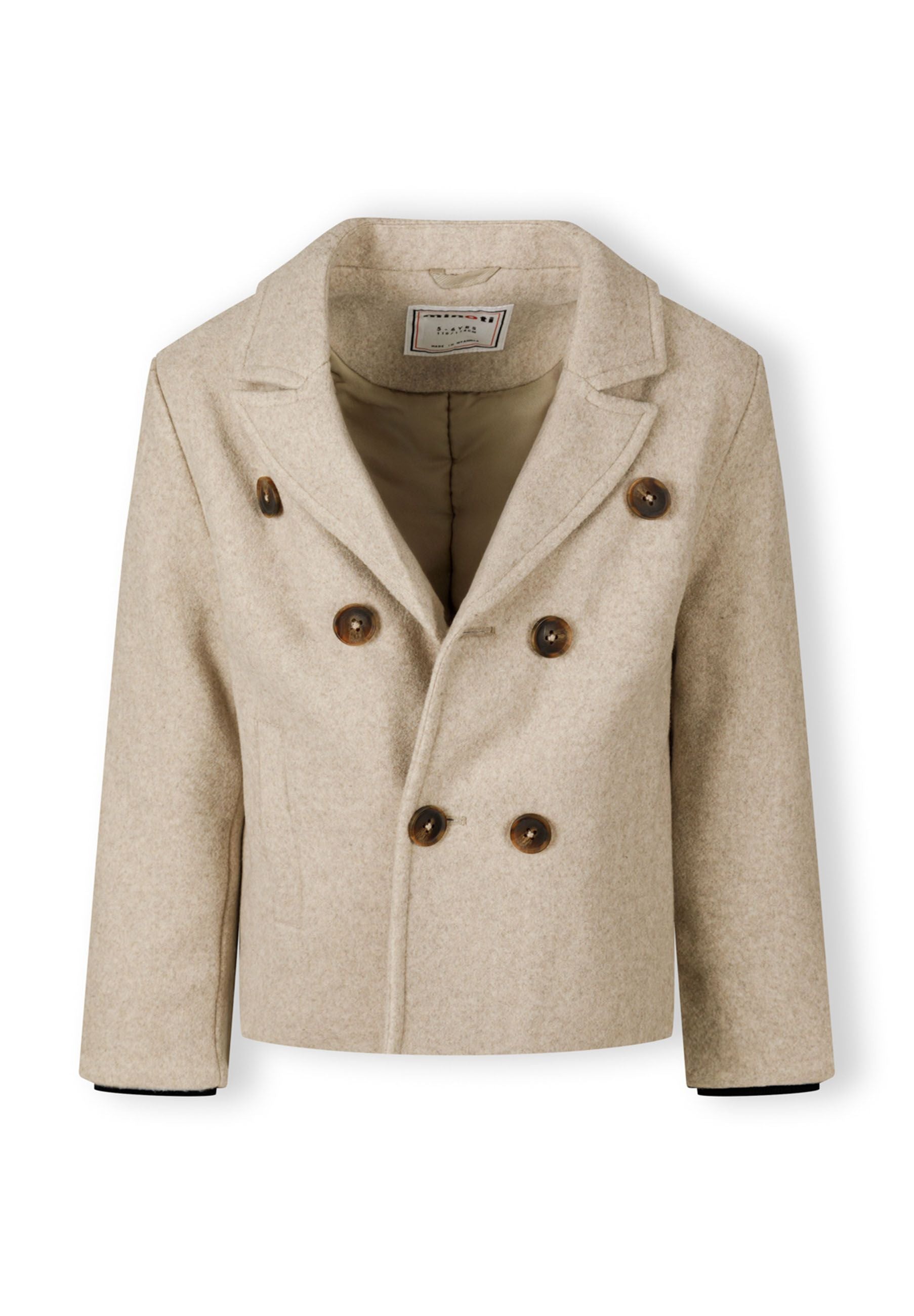 Boys double breasted coat, notched collar, beige, front view, matte buttons, ribbed cuffs.