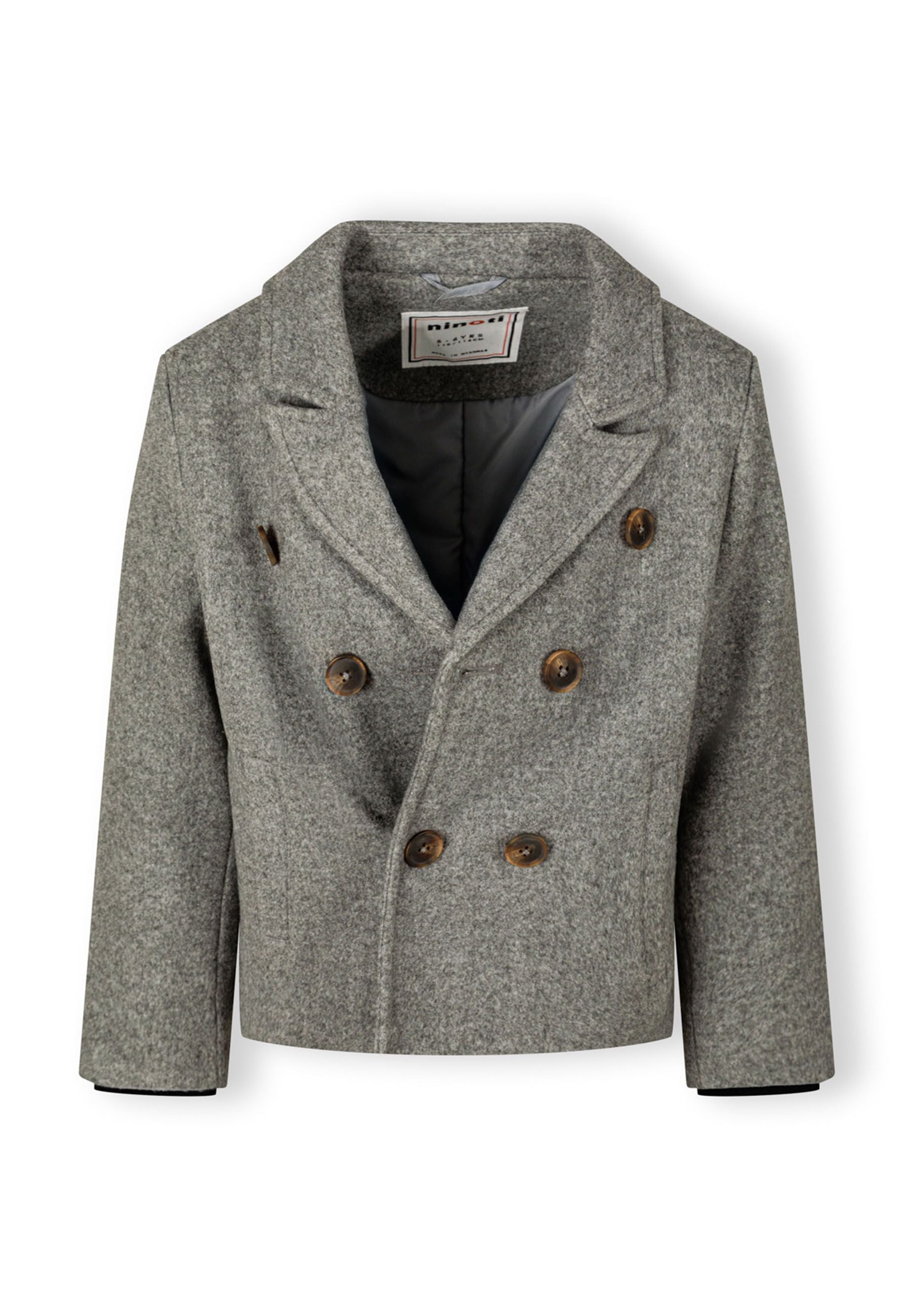 Boys double breasted grey coat, front view, featuring buttons and a collar.