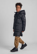 Długa pikowana kurtka z kapturem i napami