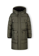 Długa pikowana kurtka z kapturem i napami