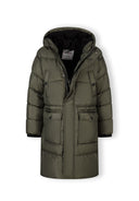 Długa pikowana kurtka z kapturem i napami