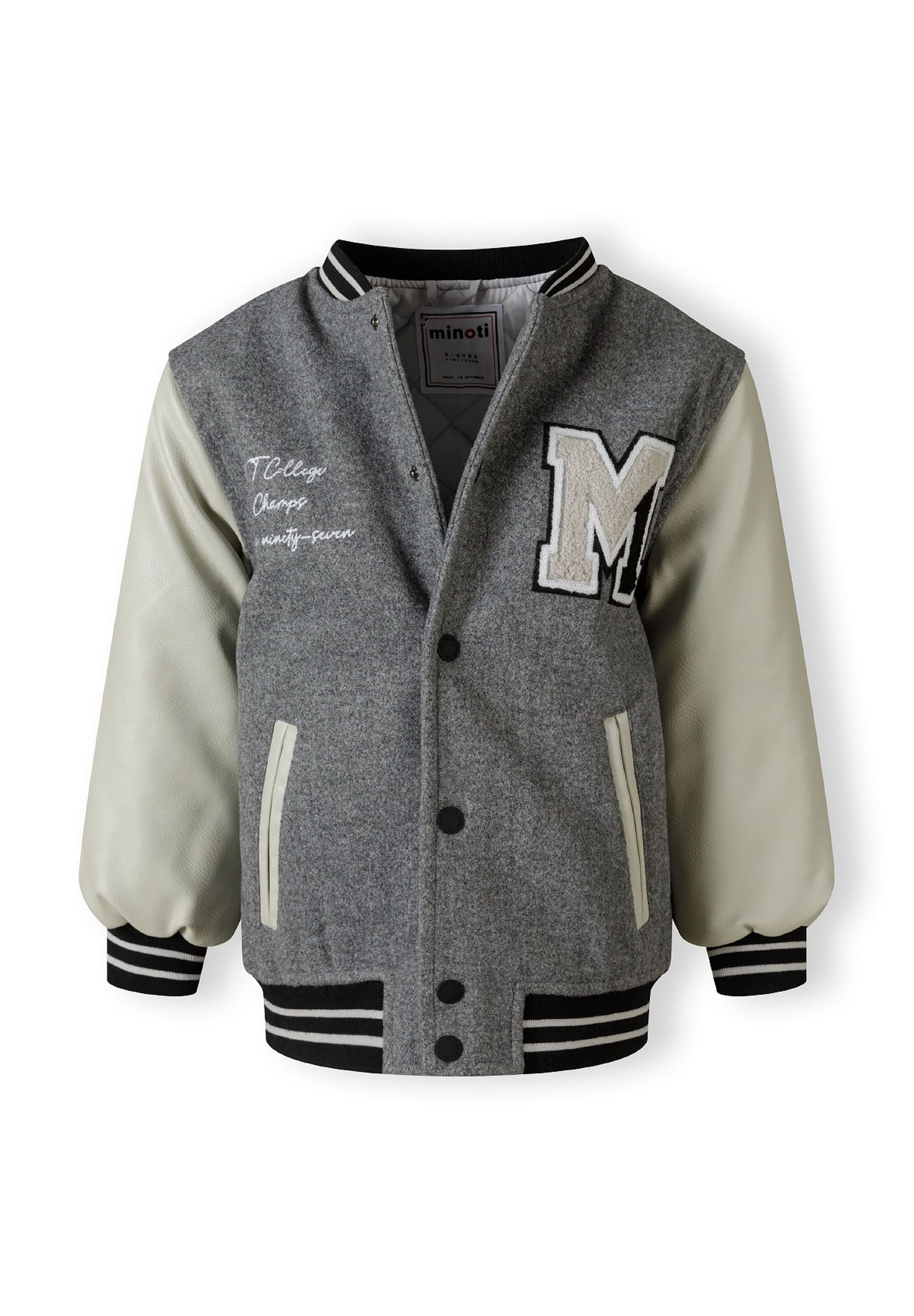 Boys varsity jacket in grey with snap buttons and PU sleeves, front view, featuring a bold chest applique.