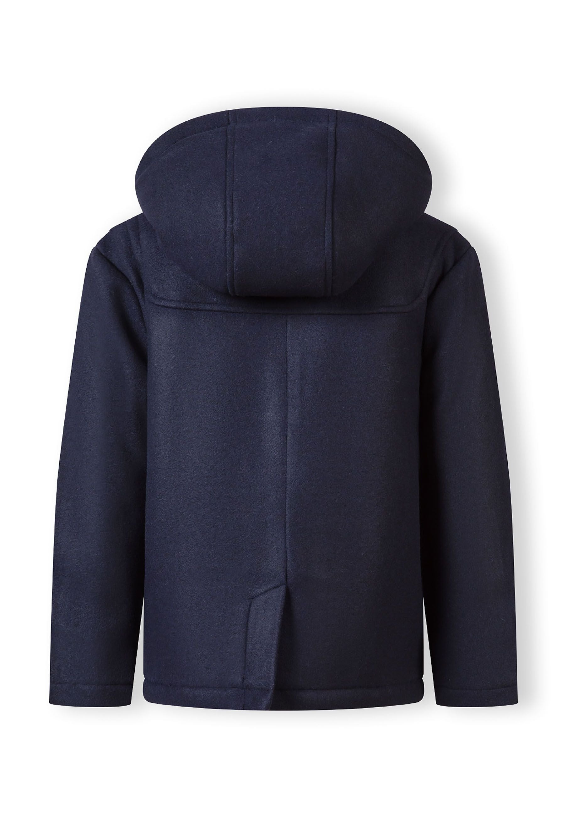 Back view of a boys navy duffle coat with hood and slit hem.