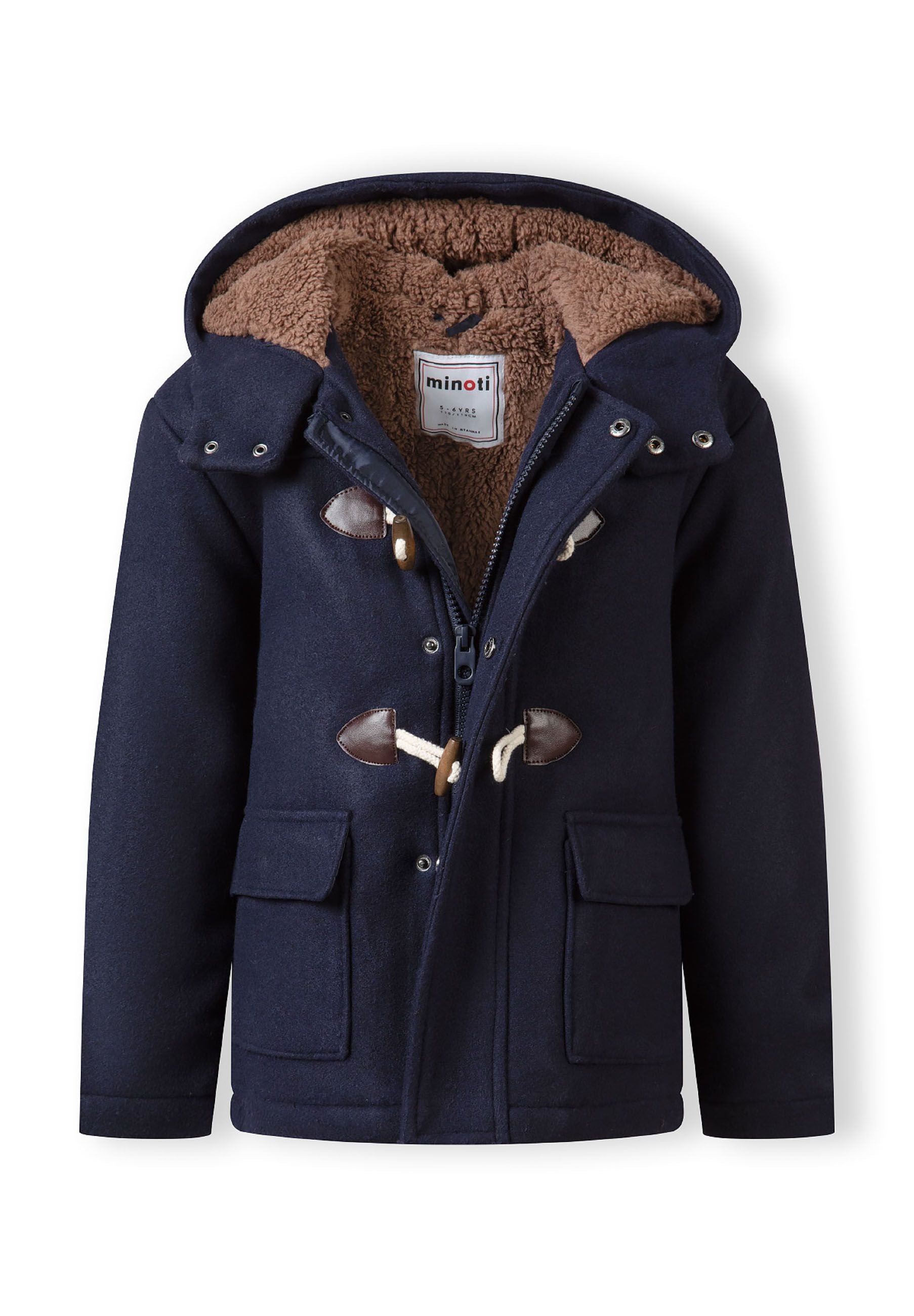 Boys navy duffle coat, front view, features toggle closure and two flap pockets.