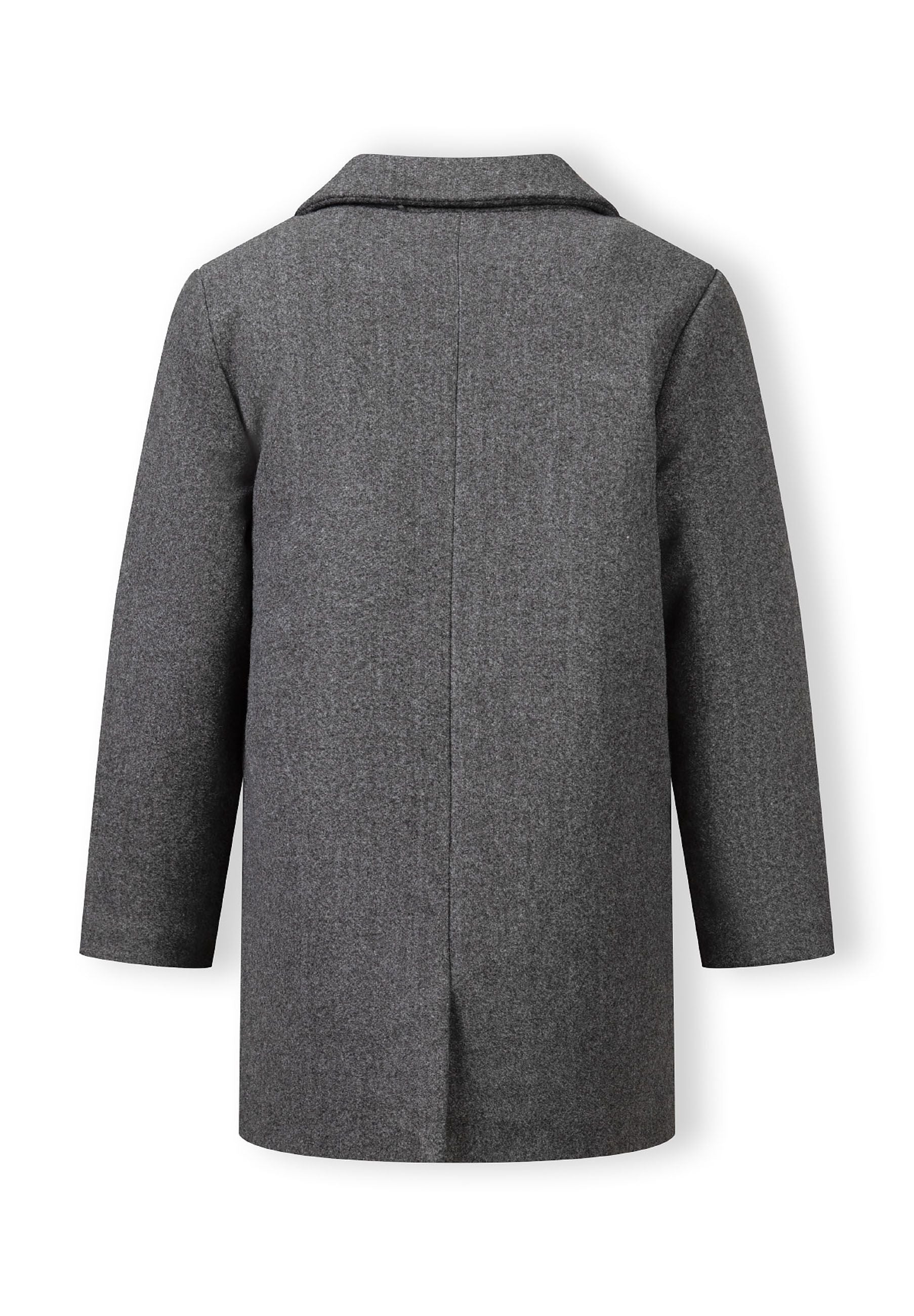Boys grey smart coat, back view, features structured collar and back slit.