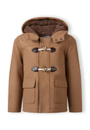 Boys beige duffle coat with hood, toggle and zipper closures, front flap pockets.