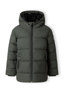 Boys khaki PU jacket with hood, front zip, and two side zip pockets.