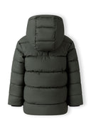 Boys khaki puffer jacket, back view, features a hood and quilted design.