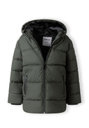 Boys khaki jacket with hood, zip closure, and side pockets, front view.