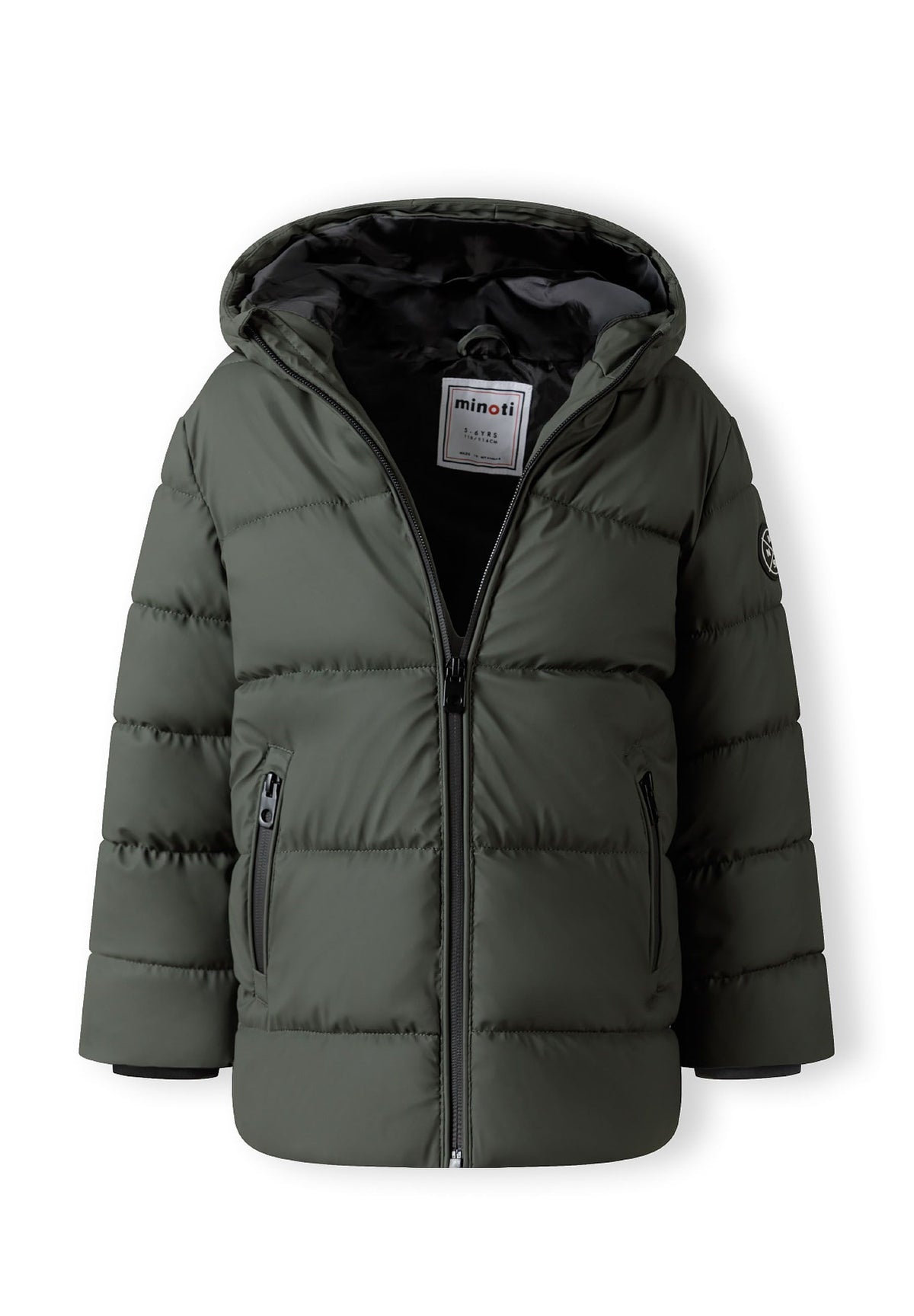 The khaki puffer jacket shown open to reveal the inside.