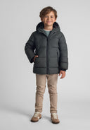 Boys' khaki jacket with hood, front zip, and side pockets, front view.