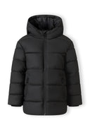 Boys black PU jacket, front view, with hood and zip pockets.