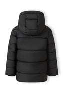 Boys black PU jacket, back view, with hood and quilted design.