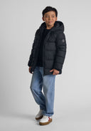 Boys black pu jacket with hood and zip pockets