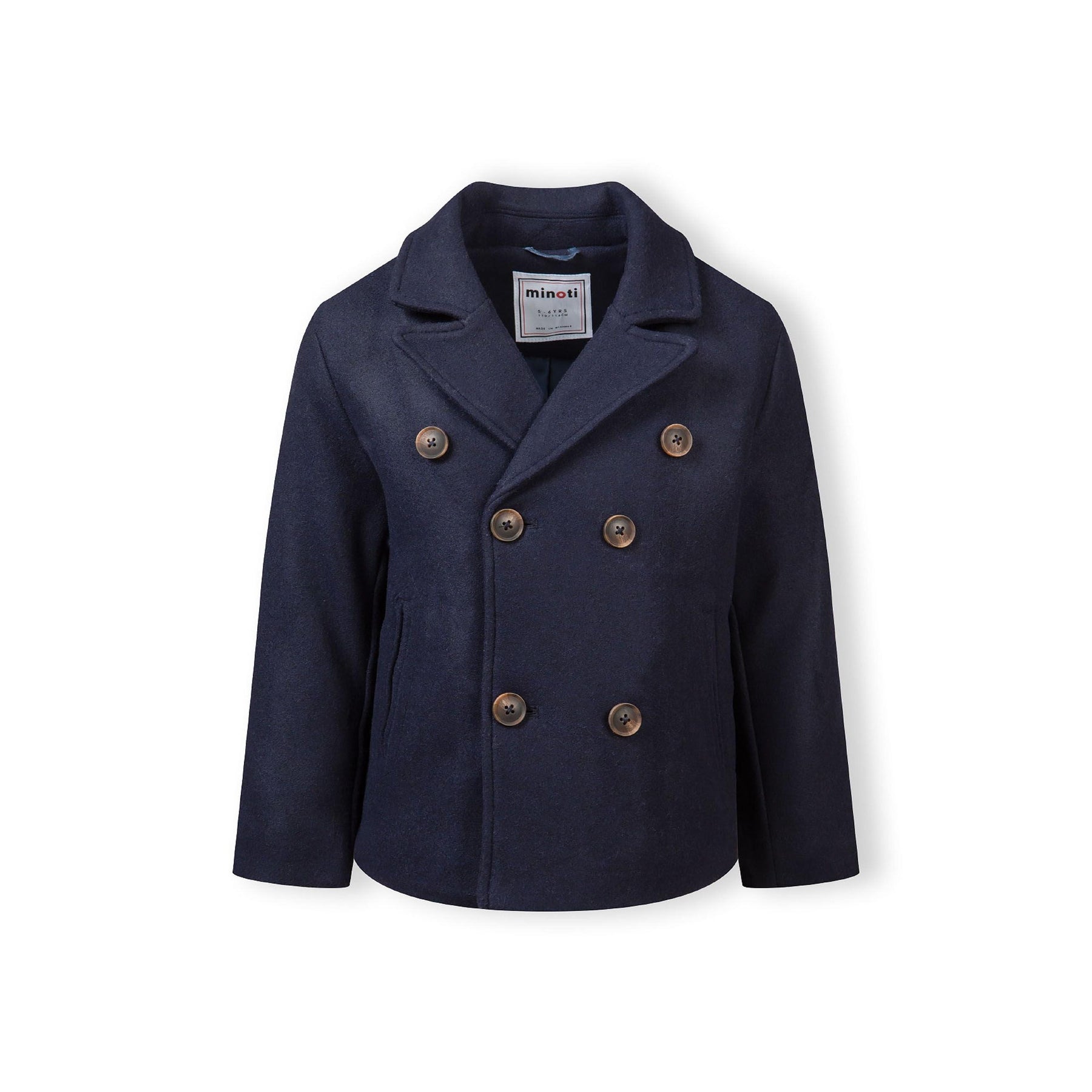 Back view of navy double breasted coat showing lapel collar construction and tailored fit on white background