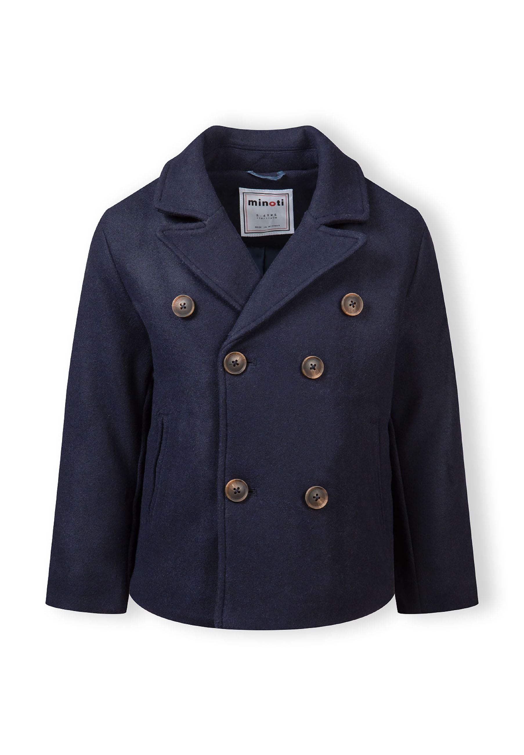 Boys double breasted coat in navy, featuring a lapel collar and tonal buttons, front view.