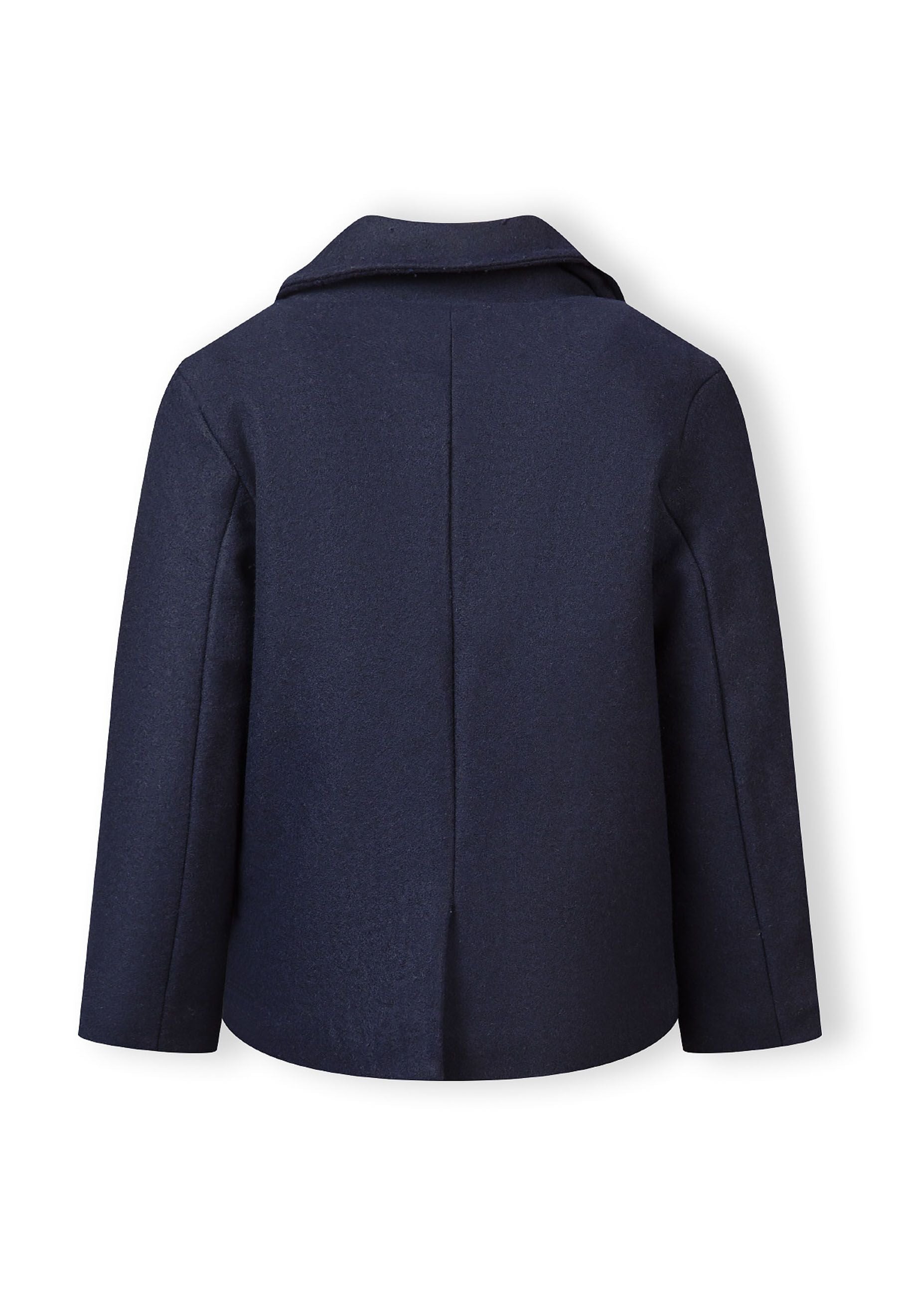Boys navy double breasted coat, back view with lapel collar.