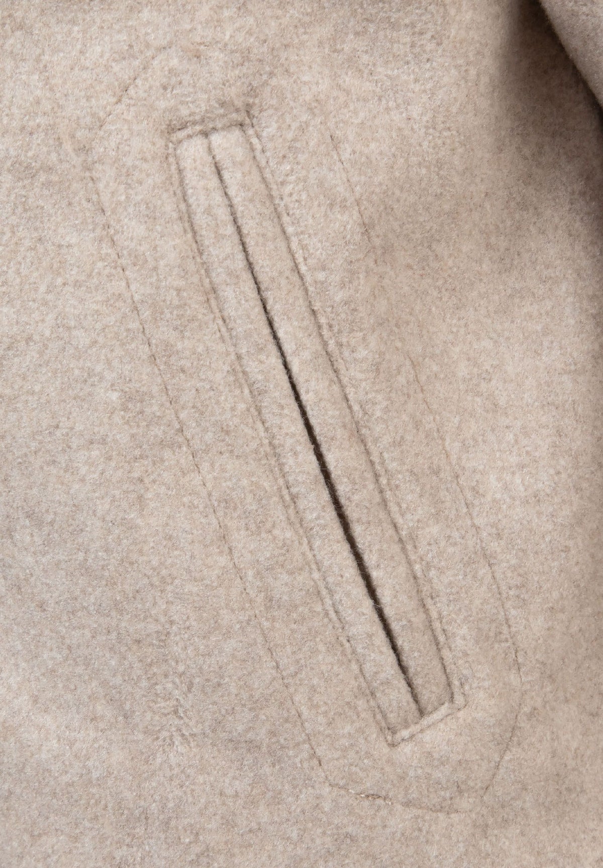 Close-up of the pocket on the beige pea coat.