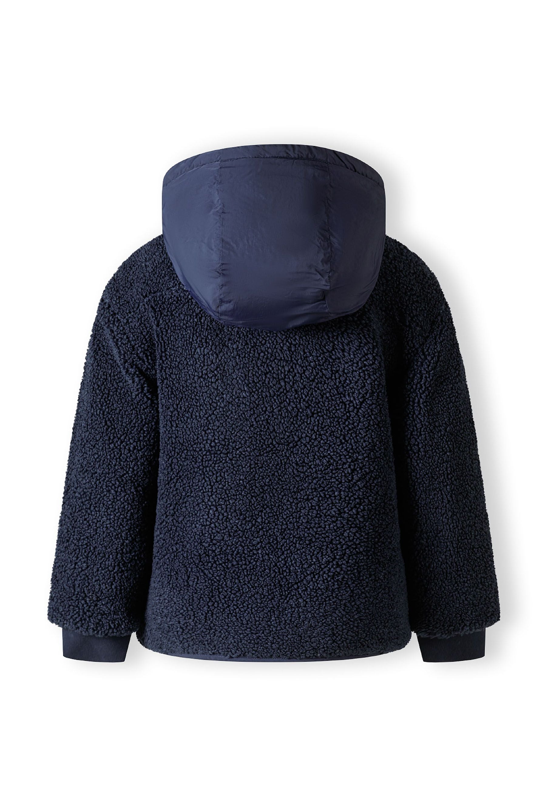 Boys padded borg jacket in navy, back view with fixed snorkel hood and elasticated cuffs.