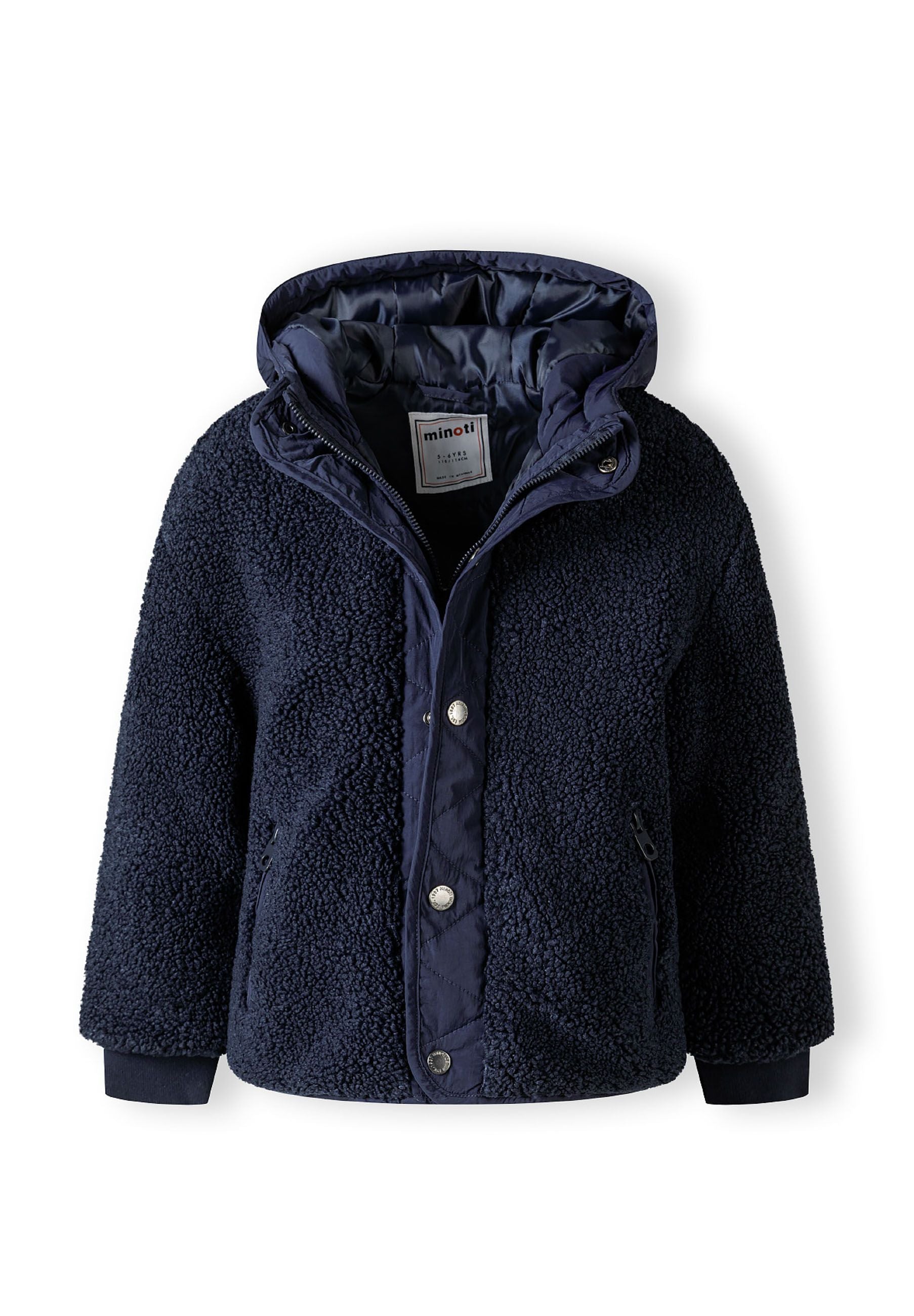 Boys padded borg jacket in navy, front view with triple fastening and fixed hood.