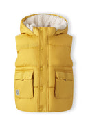 Boys mustard gilet with hood, front view, featuring two snap-button pockets.