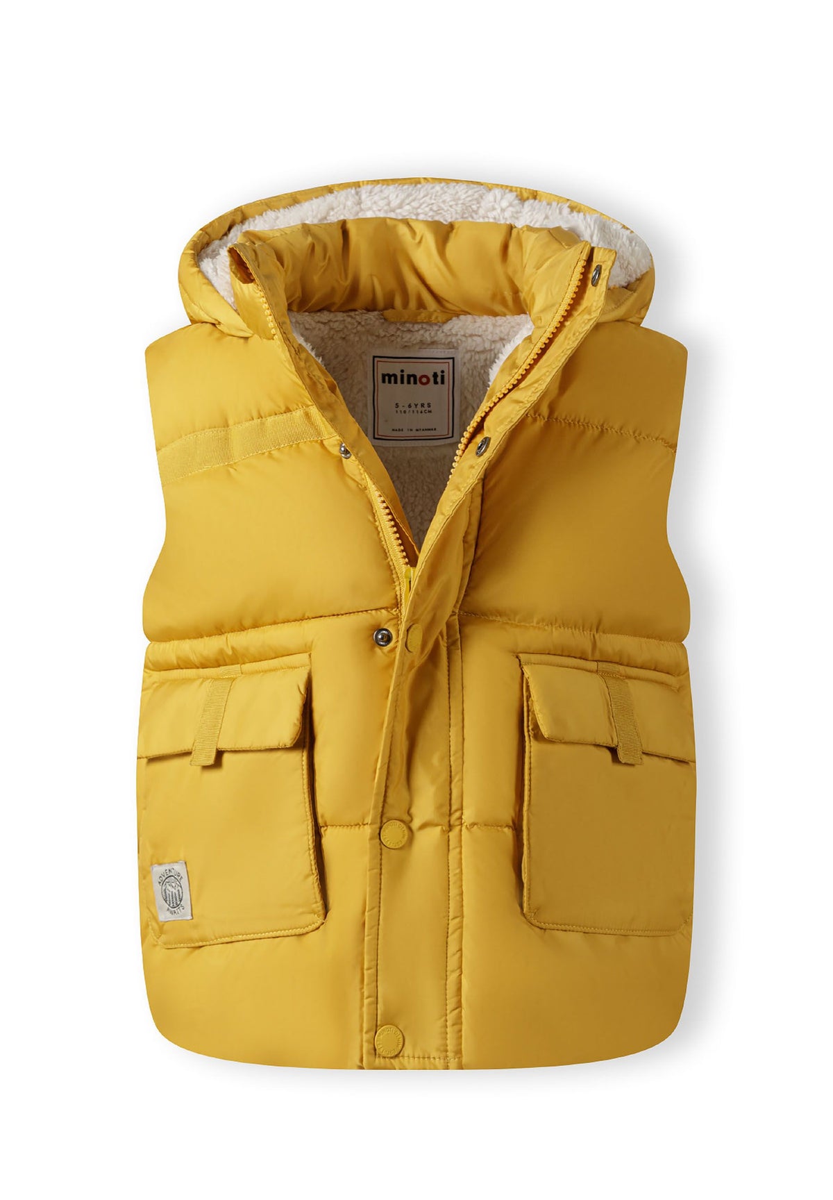 Mustard yellow padded gilet, open front showing lining.