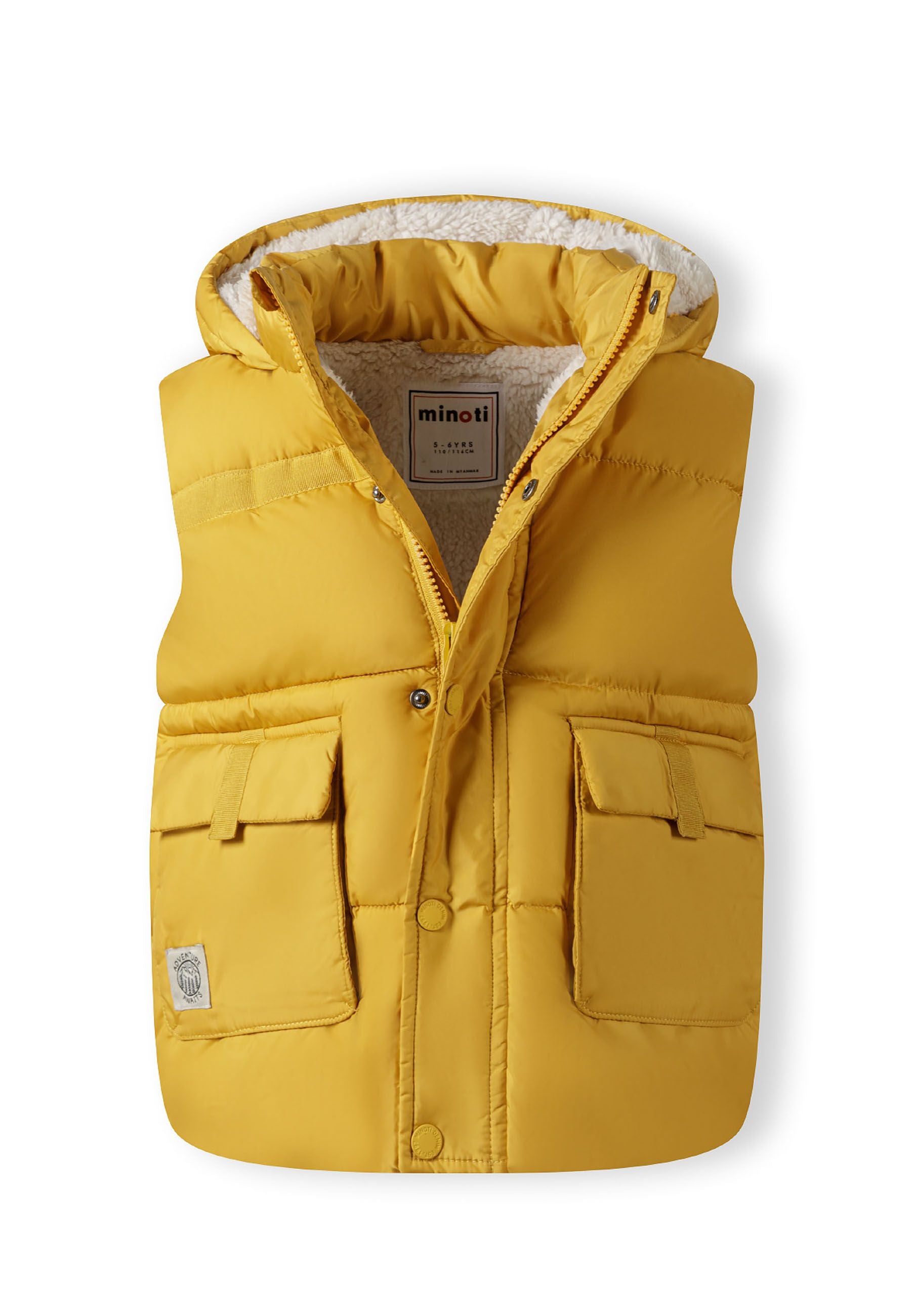 Boys mustard gilet with hood, front view, featuring two snap pockets and a branded badge.