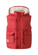 Boys red gilet with hood, front view, featuring two snap-button pockets.