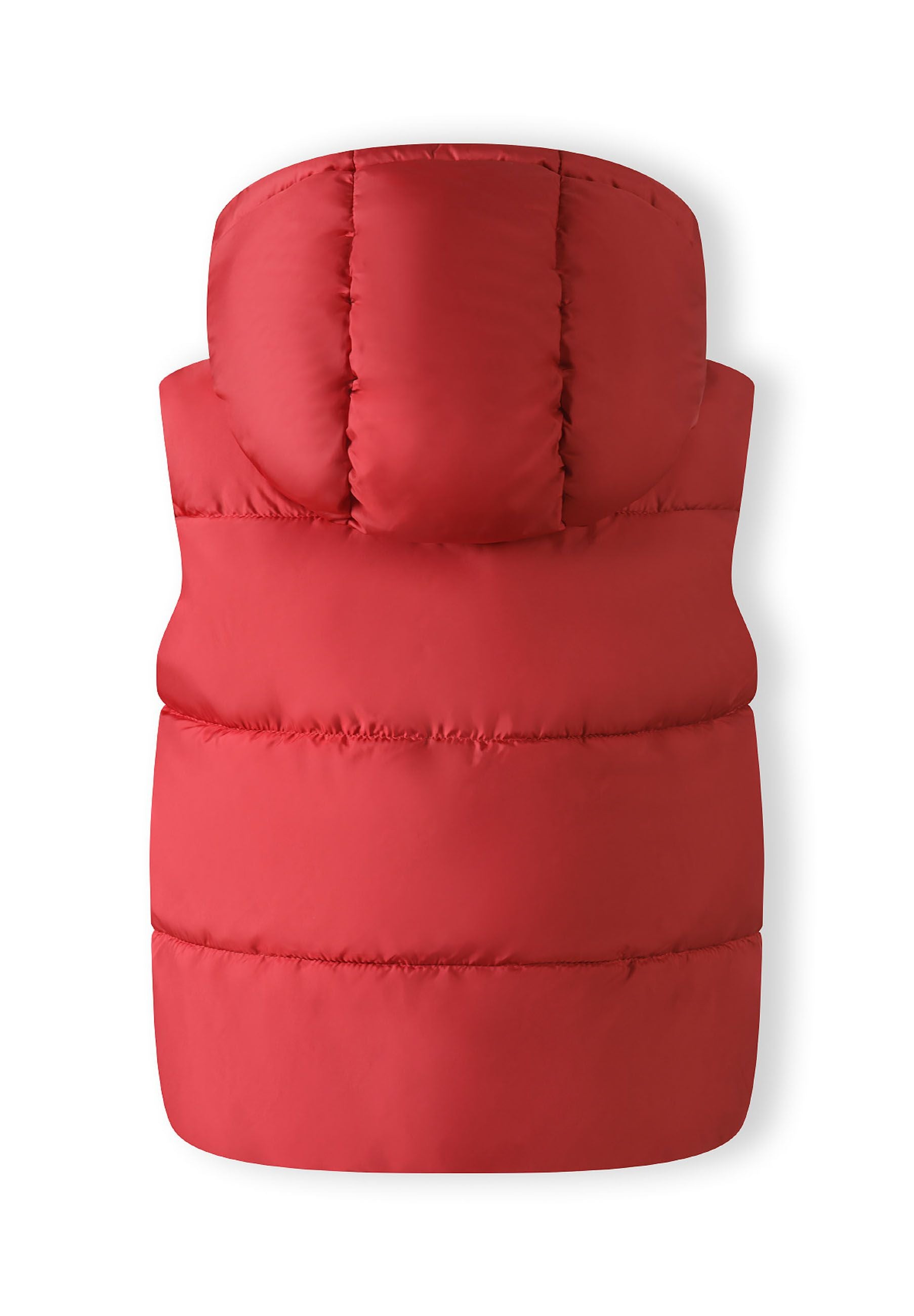 Boys red gilet with hood, back view, featuring a quilted design.