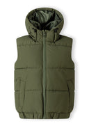 Boys padded gilet in khaki, front view with hood and full zip.