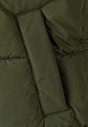 Detail of khaki boys padded gilet with hood and bungee cord.