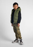 Boys khaki padded gilet with hood, full zip, and side pockets.